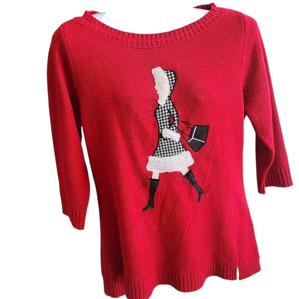 NY & Co Red Sweater Fashion Girl 3D Applique Houndstooth Fur-Hi Lo-Side Slit- M